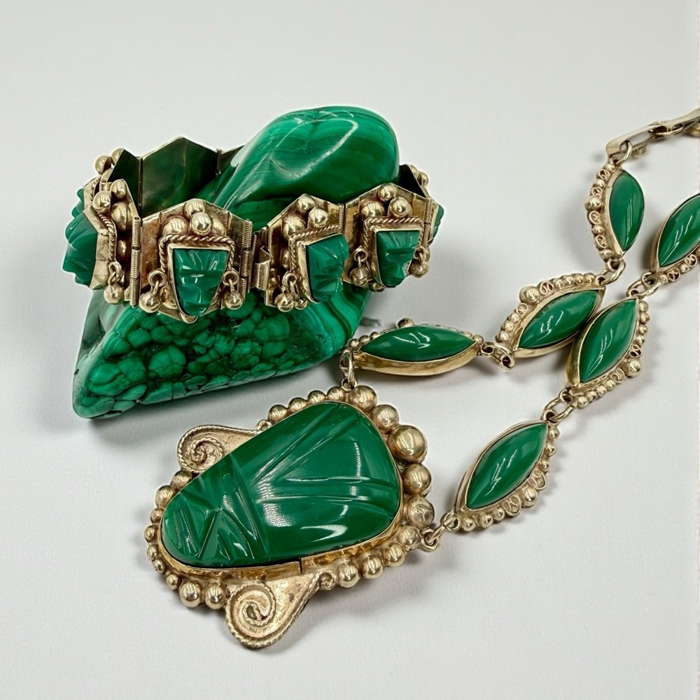 Vintage Mexico Sterling Green Onyx Aztec Mask Necklace Bracelet Set 17” & 7” - Picture 8 of 17